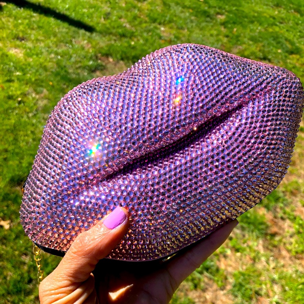 Custom Pink Crystal Lip Statement Clutch Bag